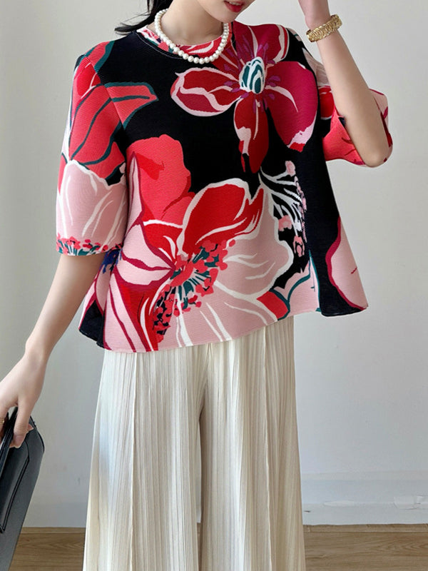 A-Line Half Sleeves Flower Print Pleated Round-Neck T-Shirts Tops