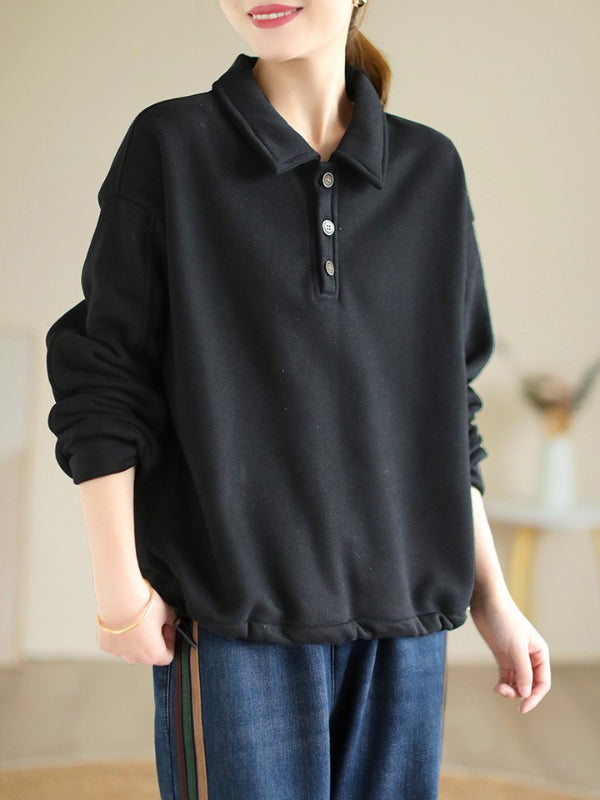 Literary Solid Color Cotton Long Sleeve Sweatshirt