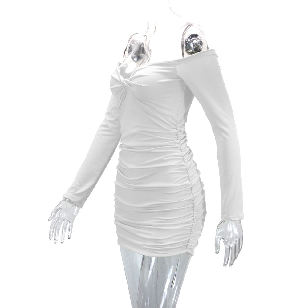 Women's clothing European and American sexy pleated off-neck long sleeve ladies dress