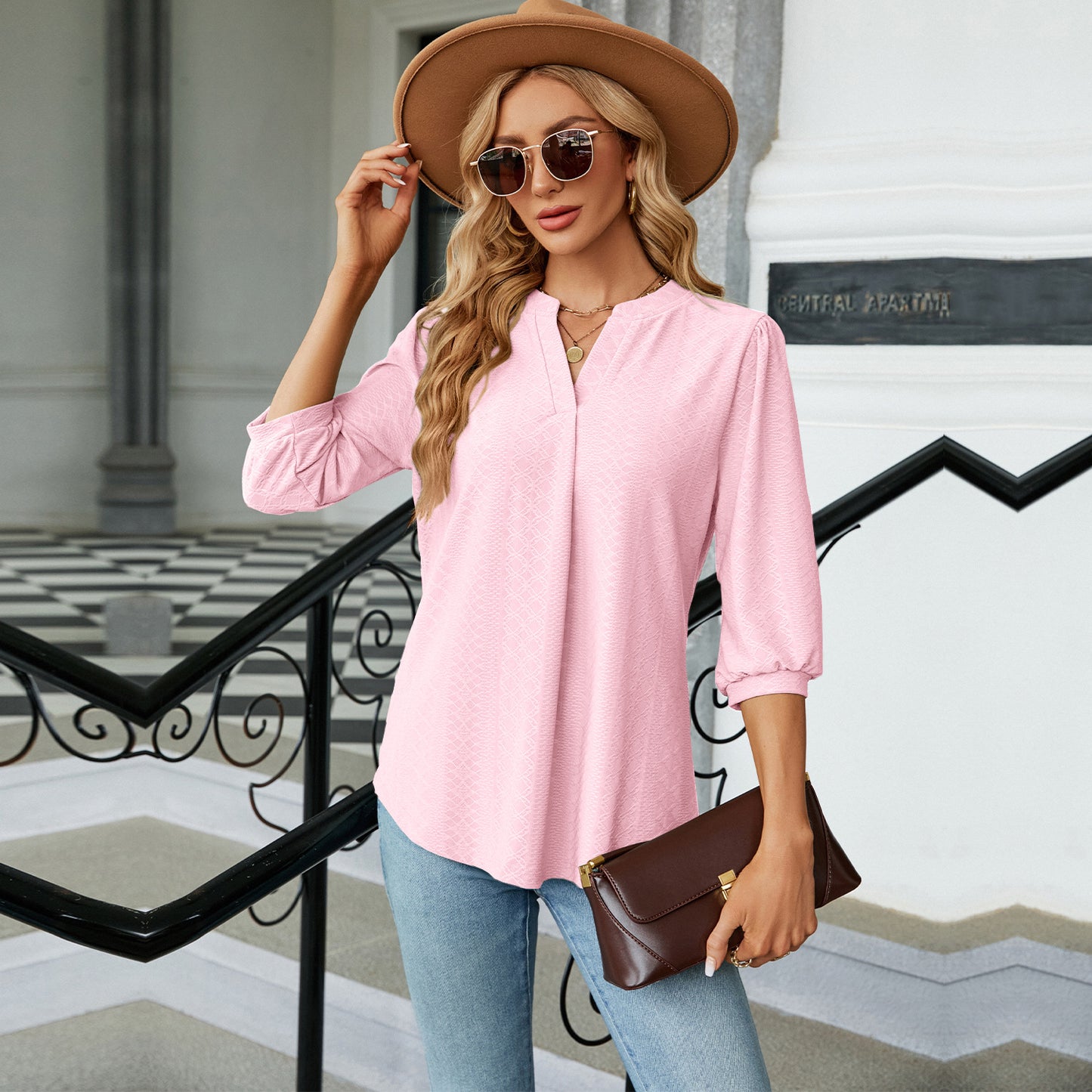 Autumn and Winter new solid color and V-neck jacquard 3/4 sleeve loose-fitting T-shirt top women
