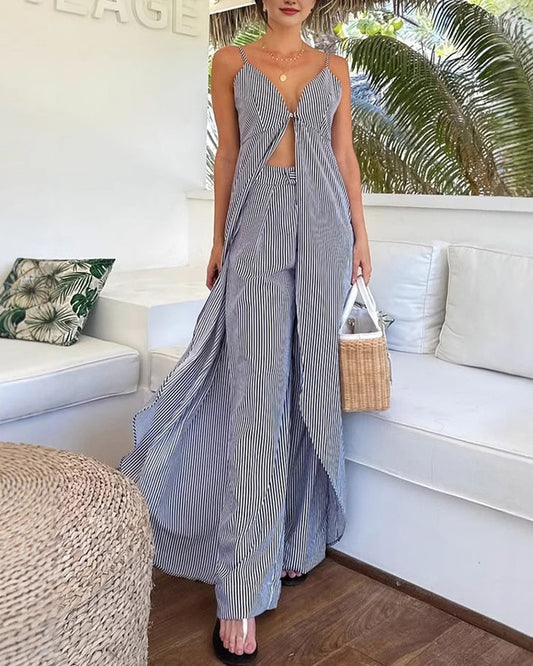 Fashion Striped Suspender Top Trousers Set