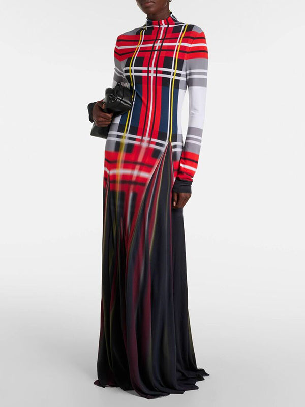 Long Sleeves Contrast Color Pleated Mock Neck Maxi Dresses