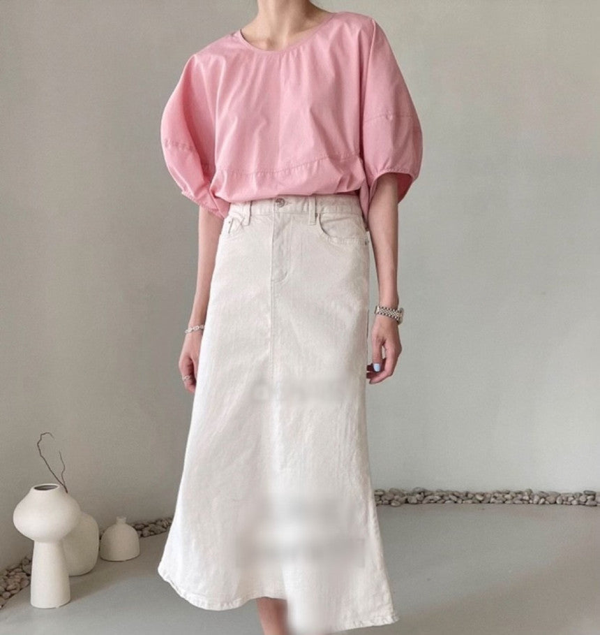 Elegant Round Neck Solid Color Loose Lantern Sleeve Shirt