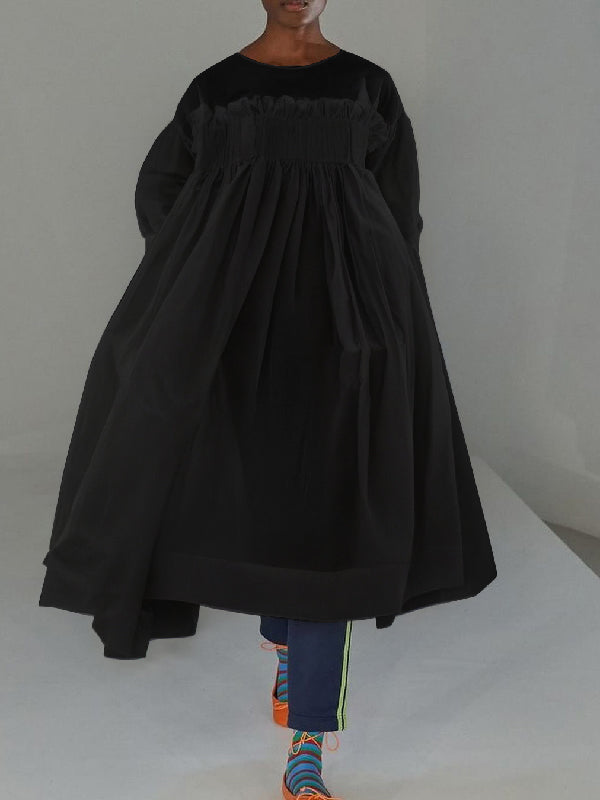 A-Line Long Sleeves Mesh Pleated See-Through Solid Color Split-Joint Round-Neck Midi Dresses