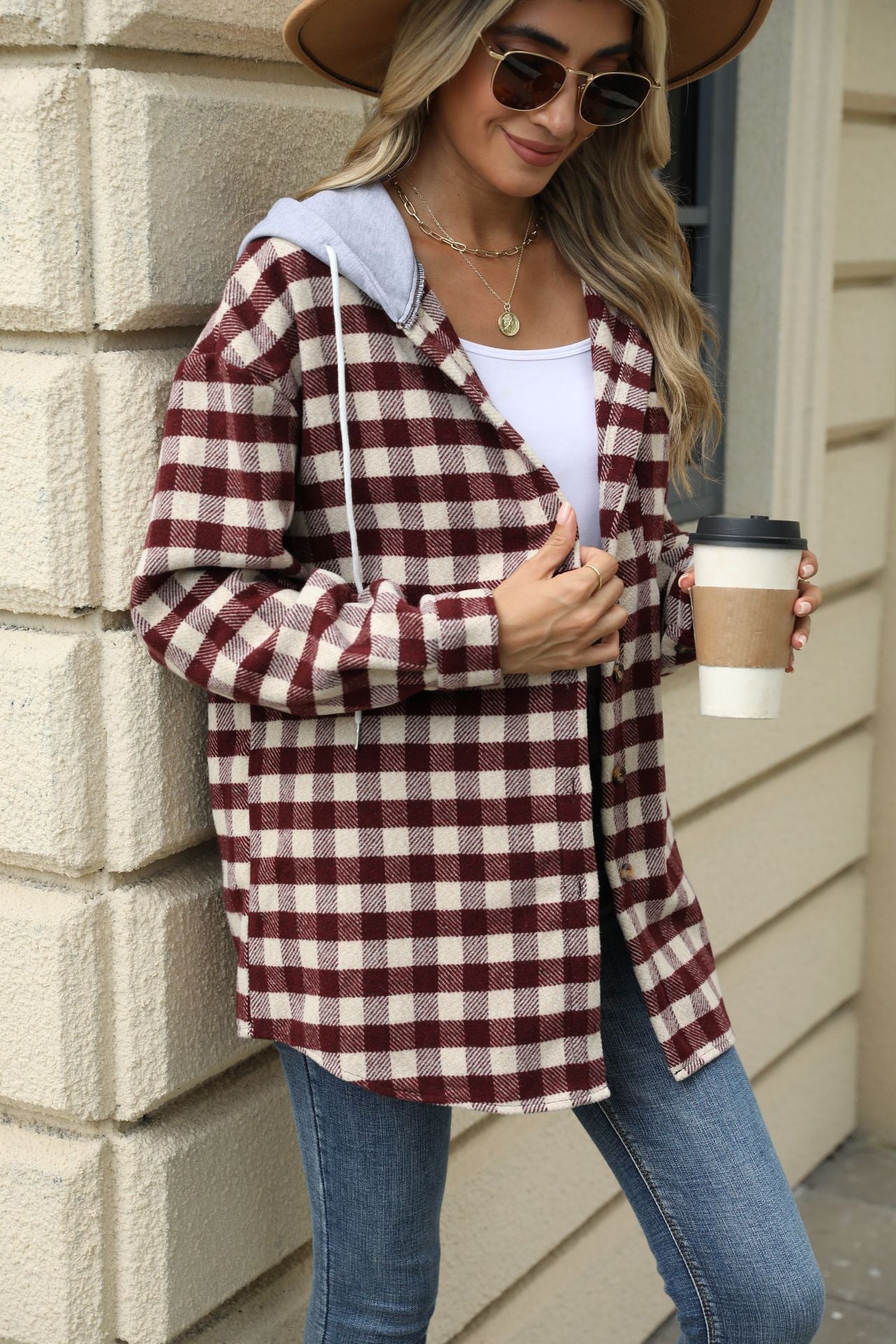 Autumn and Winter new women's hooded Plaid stitching top single-breasted woolen coat