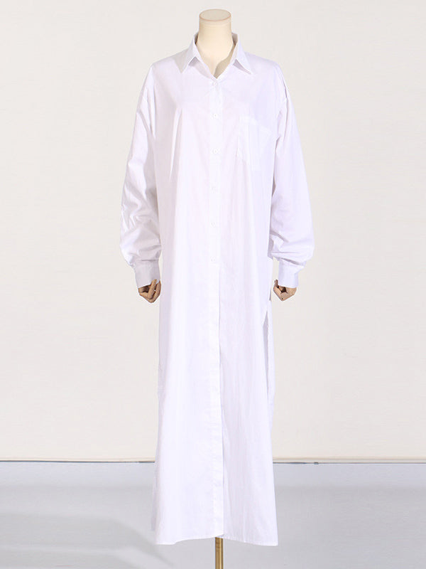 Long Sleeves Loose See-Through Solid Color Split-Joint Split-Side Lapel Maxi Dresses Shirt Dress