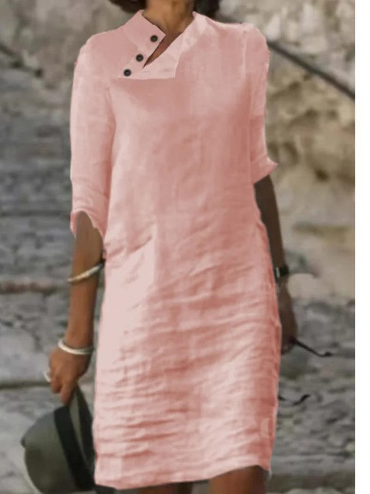 Solid Color Button Half Sleeve Midi Dress