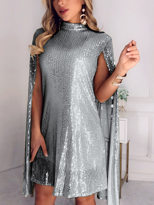 Cape Long Sleeves Sequined Shiny Split-Joint Mock Neck Mini Dresses
