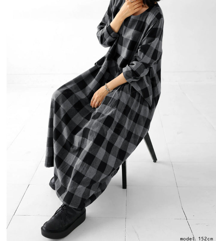 Vintage Plaid Long Sleeve Maxi Dress