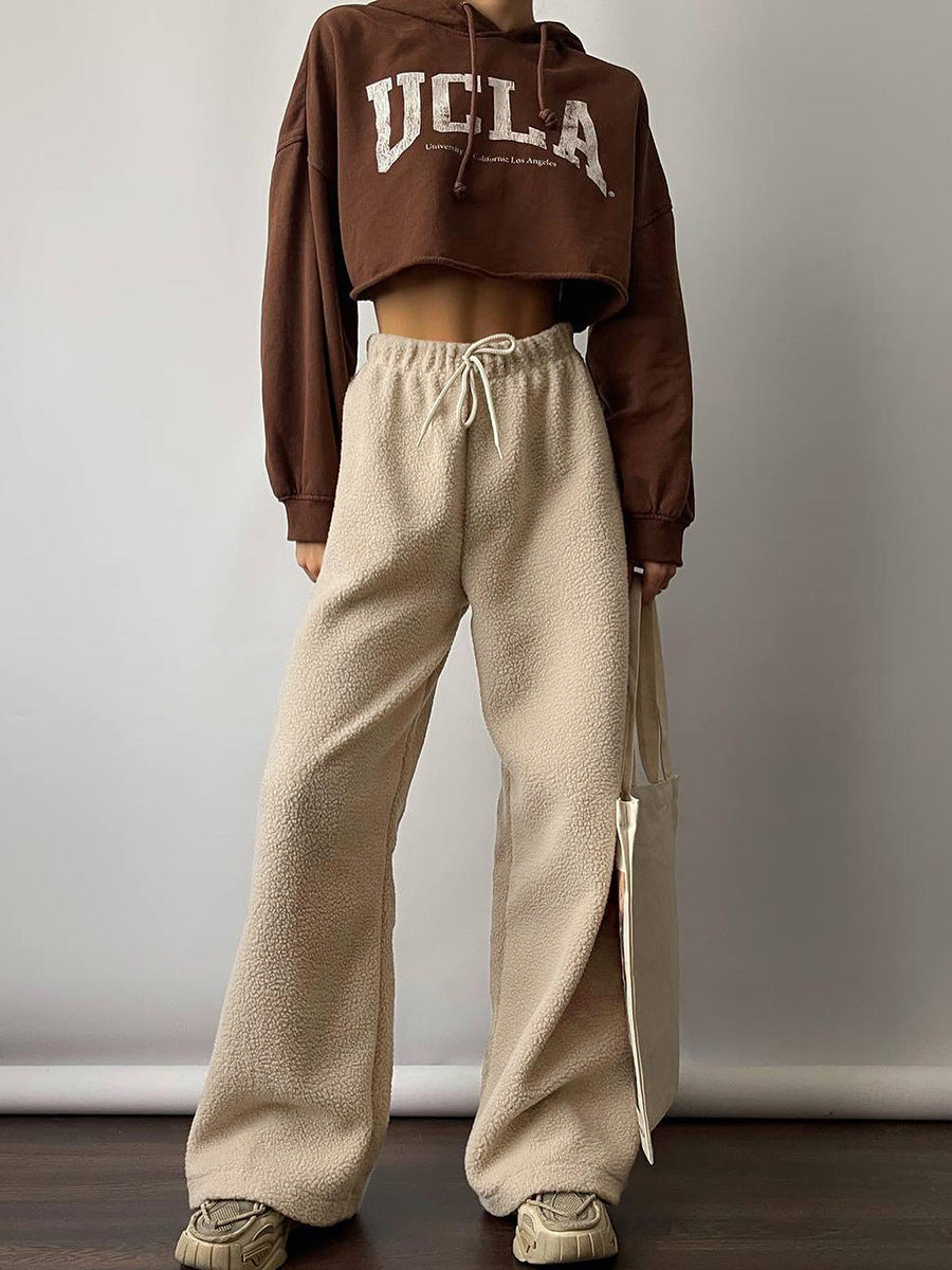 Lamb wool wide-leg trousers autumn and winter women's casual commute baggy straight trousers