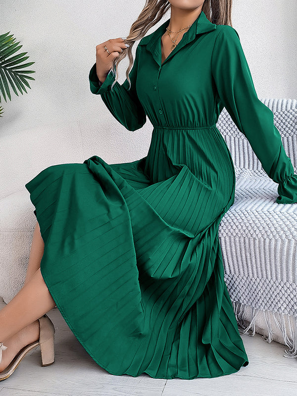 A-Line Flared Sleeves Buttoned Elasticity Pleated Solid Color Lapel Maxi Dresses