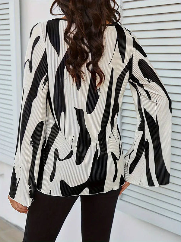 Flared Sleeves Loose Pleated Printed Split-Joint Round-Neck Blouses&Shirts Tops