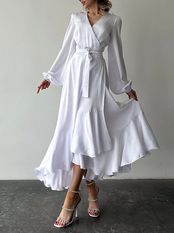 Loose Puff Sleeves Asymmetric Pleated Solid Color Split-Joint Tied Waist V-Neck Maxi Dresses Shirt Dress