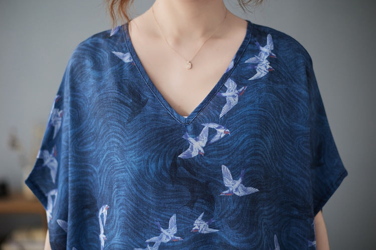 Vintage Print V-neck Short Sleeve Maxi Dress