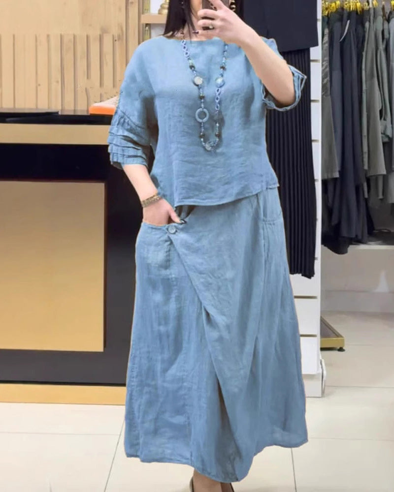 Loose Solid Color Half Sleeve Skirt Set