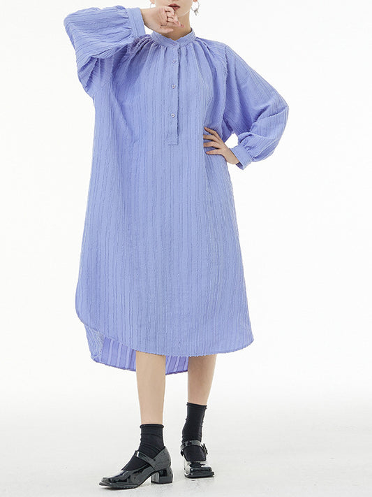 Asymmetric Striped Stand Collar Long Sleeve Midi Dress