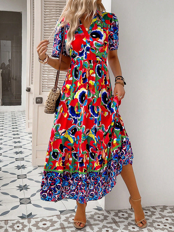 A-Line Half Sleeves Buttoned Contrast Color Printed Lapel Maxi Dresses