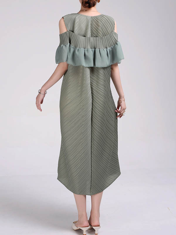 A-Line Loose Pleated Solid Color Split-Joint Cold Shoulder Midi Dresses