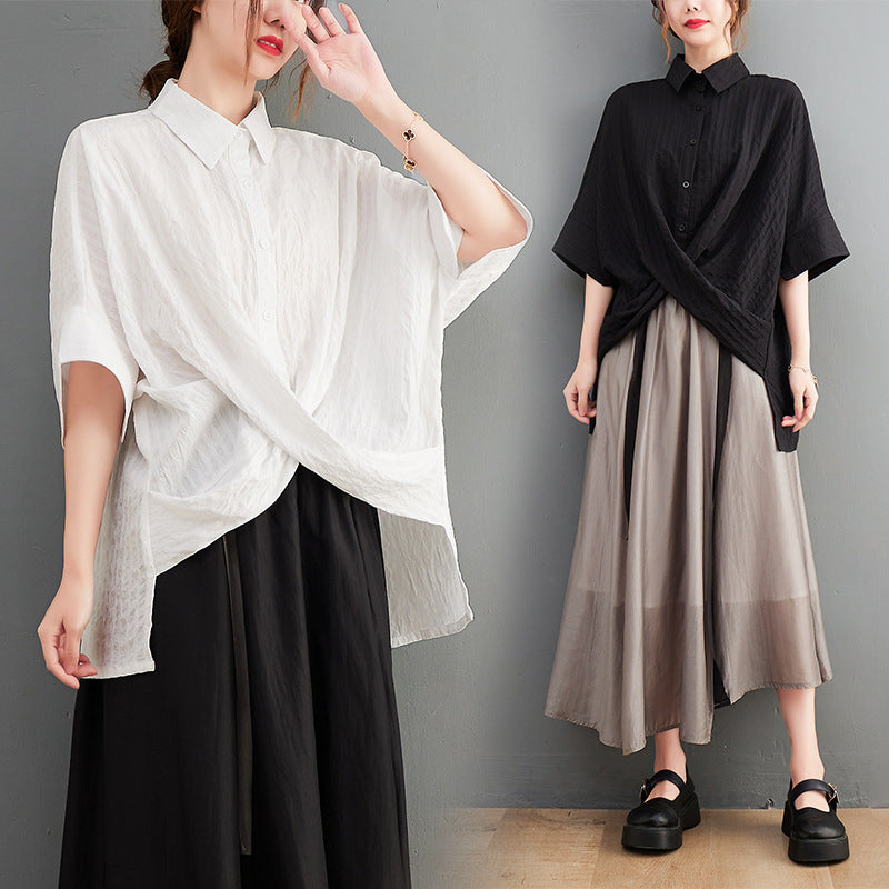 Loose Vertical Stripe Short Sleeve Shirt