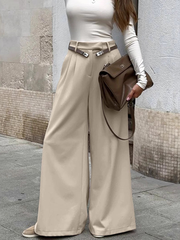 High Waisted Loose Pleated Pockets Solid Color Suit Pants Trousers