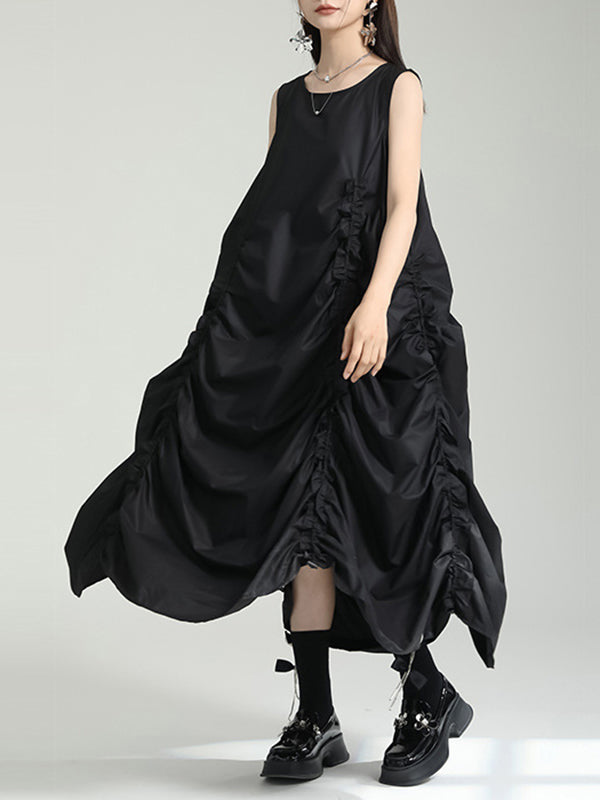 Loose Sleeveless Asymmetric Elasticity Pleated Solid Color Round-Neck Midi Dresses