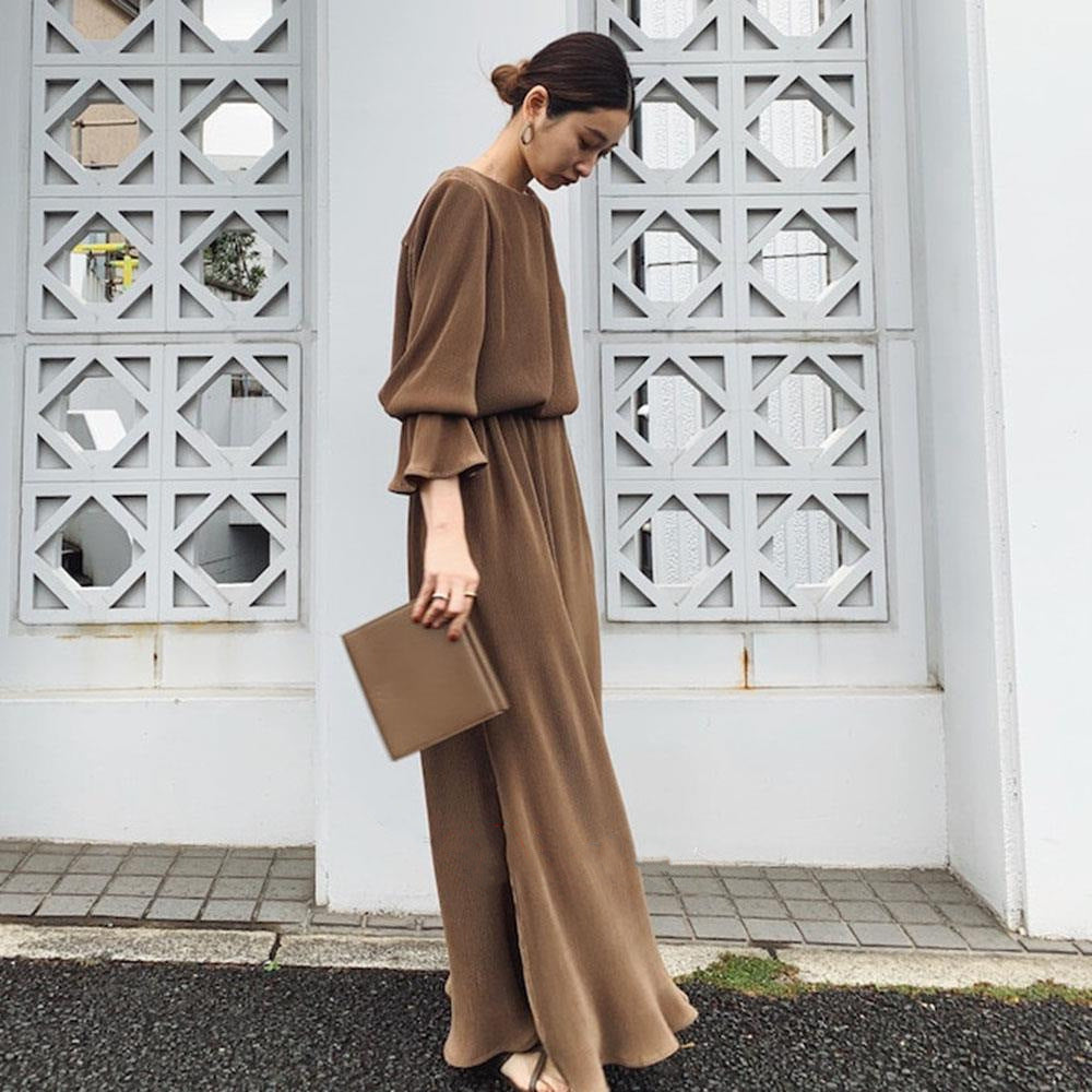Literary Solid Color Flared Sleeve Maxi Dress
