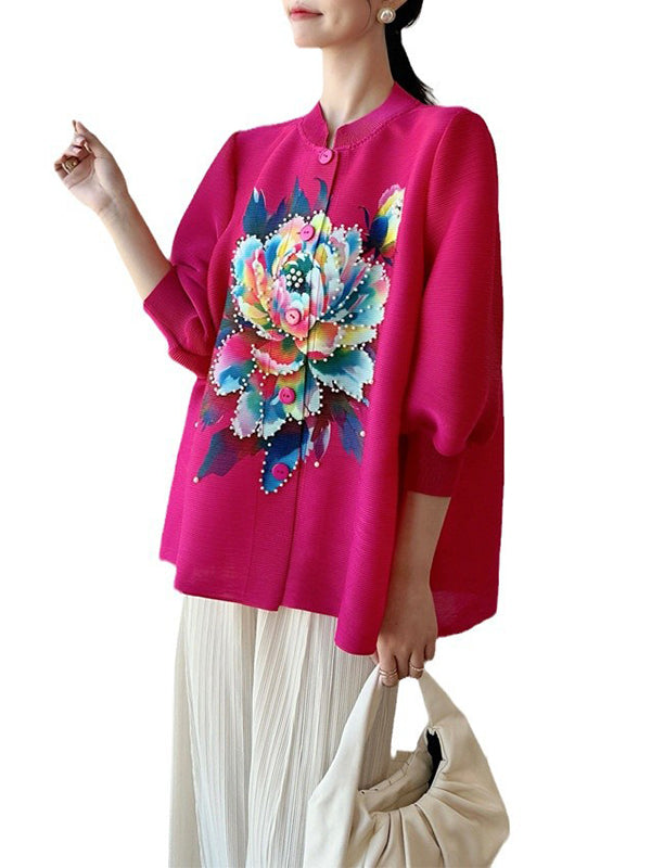Loose Puff Sleeves Buttoned Flower Print Pleated Round-Neck T-Shirts Tops