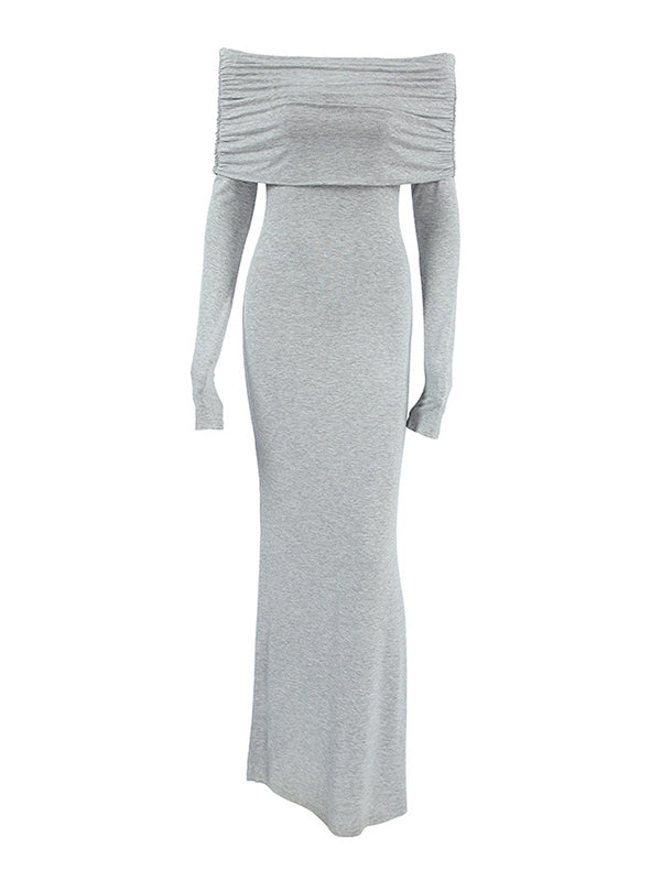 Long Sleeves Skinny Pleated Solid Color Split-Joint Off-The-Shoulder Evening Dresses Maxi Dresses