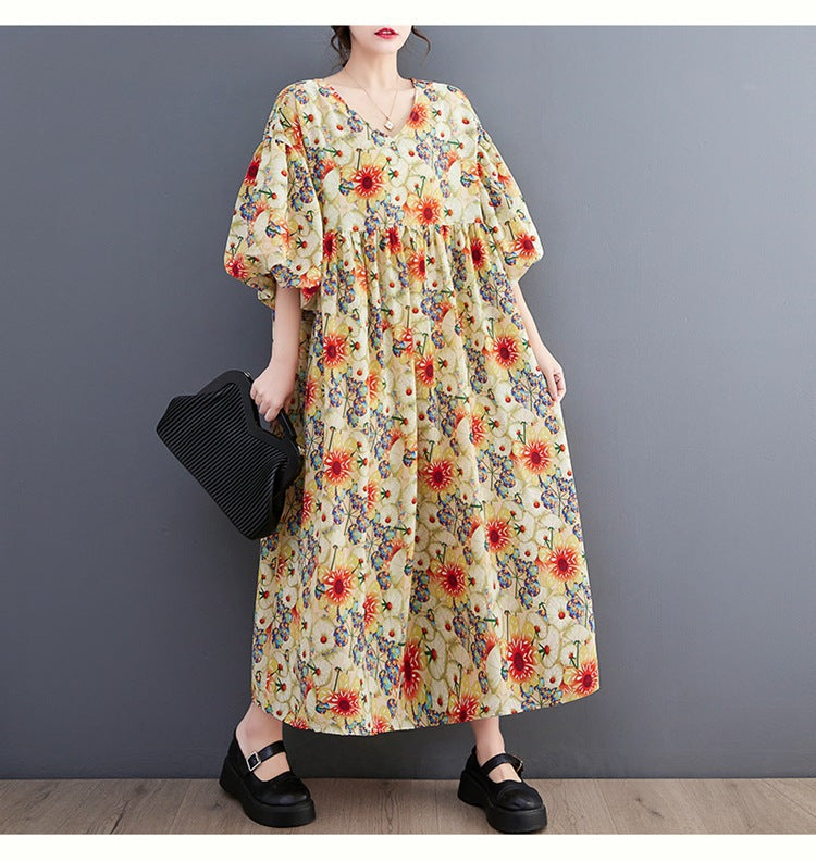 Literary Print Round Neck Short Sleeve Midi Dress