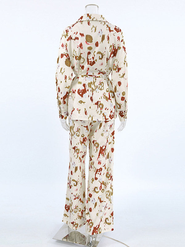 Long Sleeves Lace-Up Printed Lapel Blouse + High Waisted Elasticity Pants Two Pieces Set