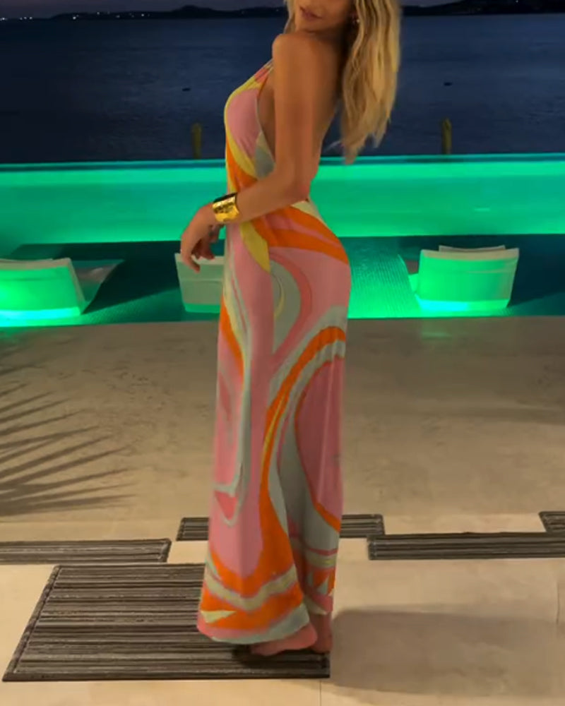 Fashion Color Printing Halter Dress