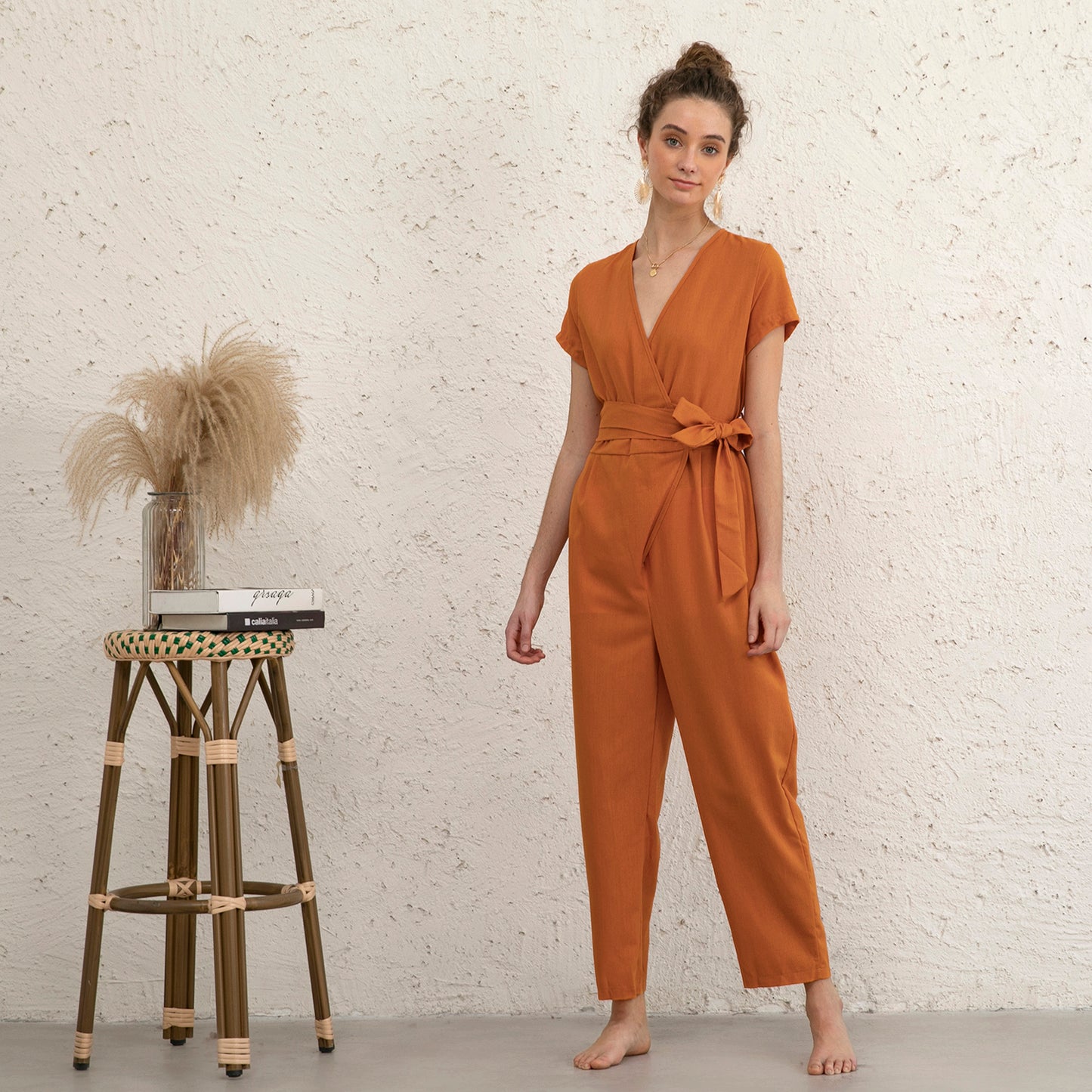 Casual Cozy Linen Wrap Jumpsuit