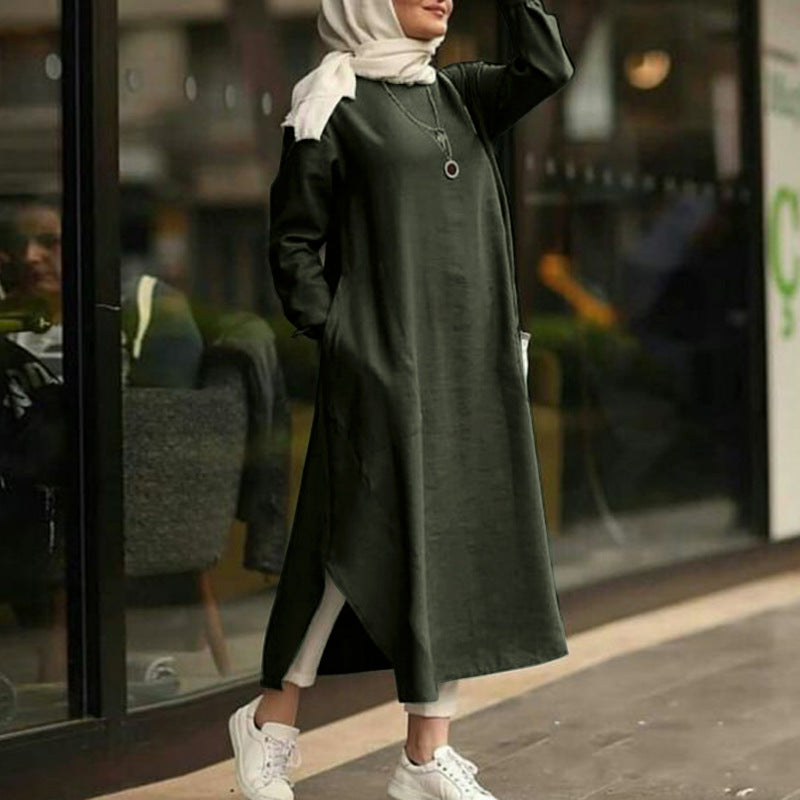 Simple Solid Color Long Sleeve Round Neck Midi Dress