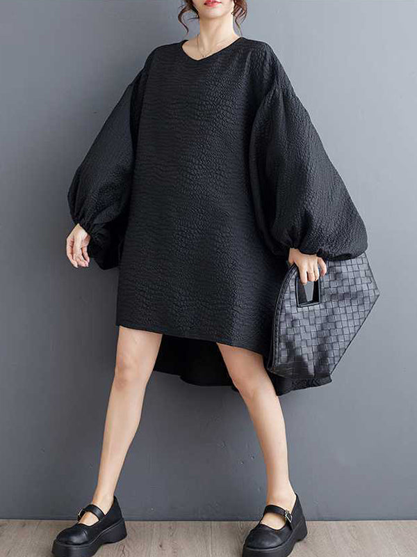 High-Low Long Sleeves Elasticity Solid Color Split-Joint Round-Neck Midi Dresses