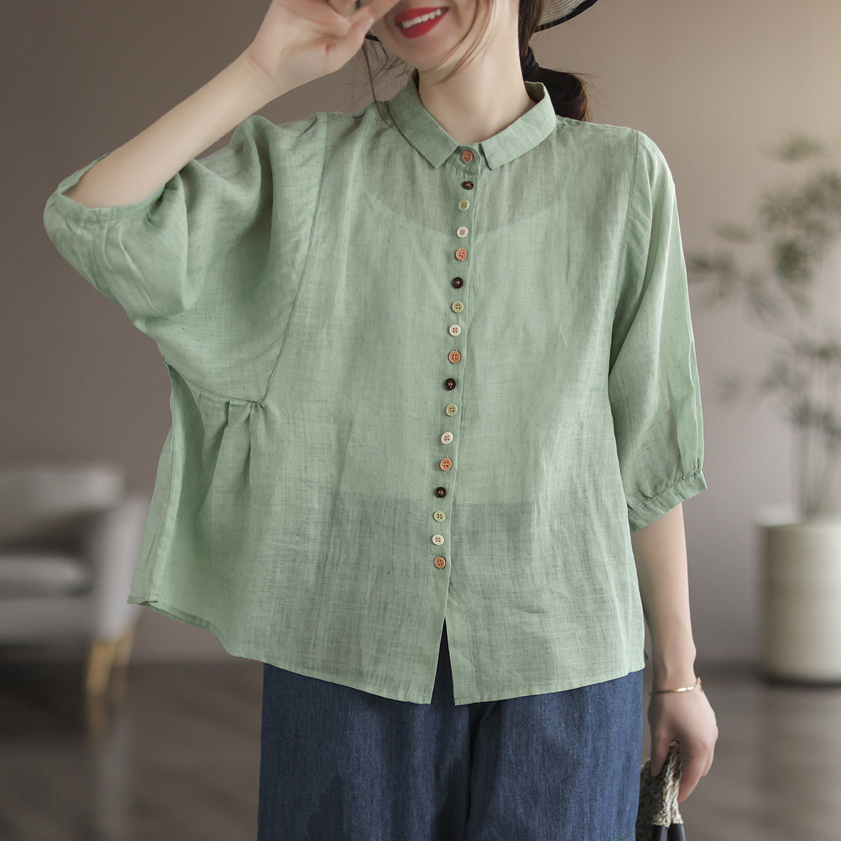 Literary Solid Color Lapel Bat Sleeve Shirt