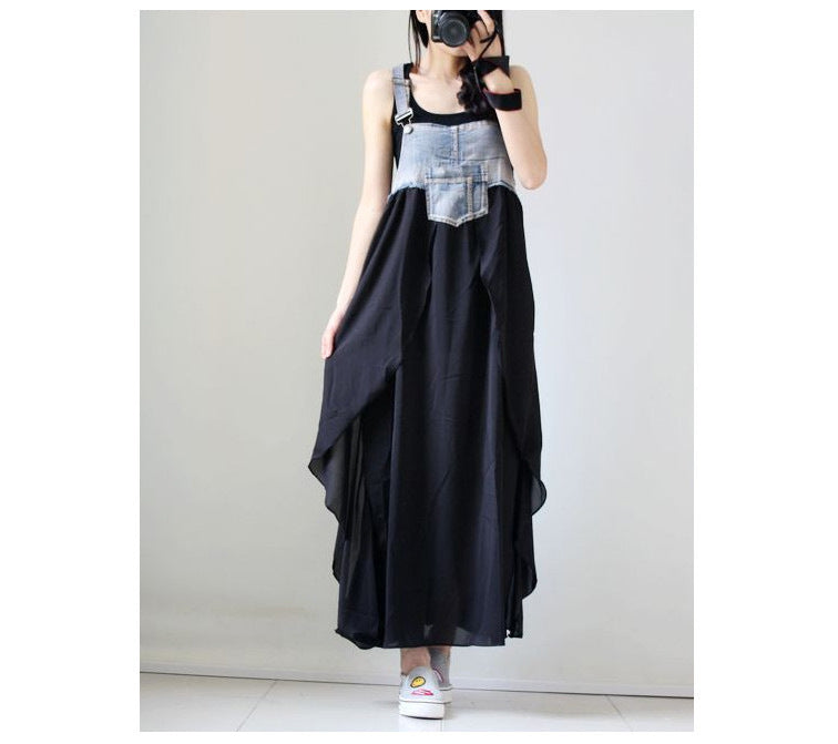Loose Denim Splicing Suspender Maxi Dress