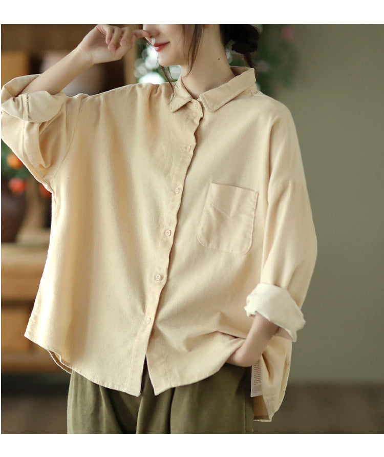 Simple Solid Color Long Sleeve Corduroy Shirt