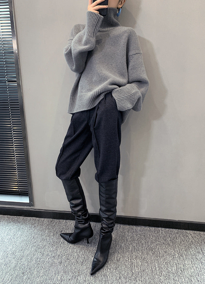 Loose Solid Color Turtleneck Wool Knit Sweater