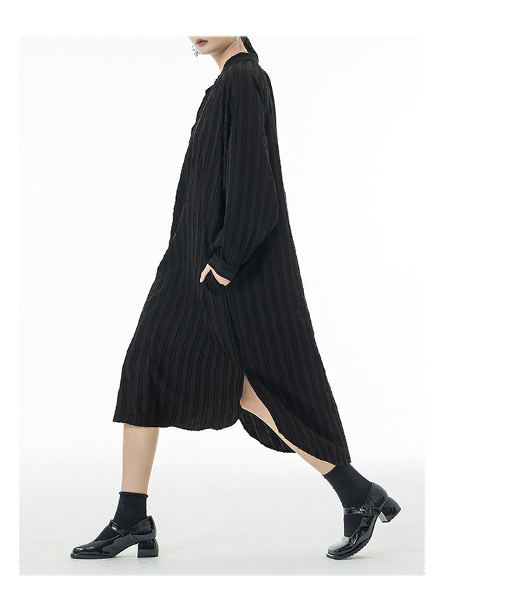 Asymmetric Striped Stand Collar Long Sleeve Midi Dress