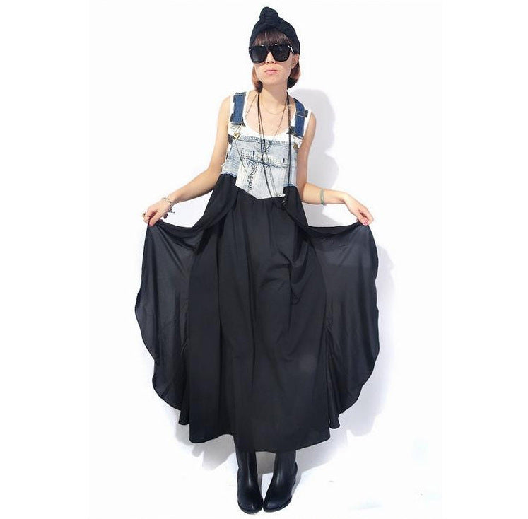 Loose Denim Splicing Suspender Maxi Dress
