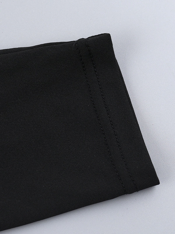 Long Sleeves Skinny Contrast Color Pleated Split-Joint Round-Neck Mini Dresses