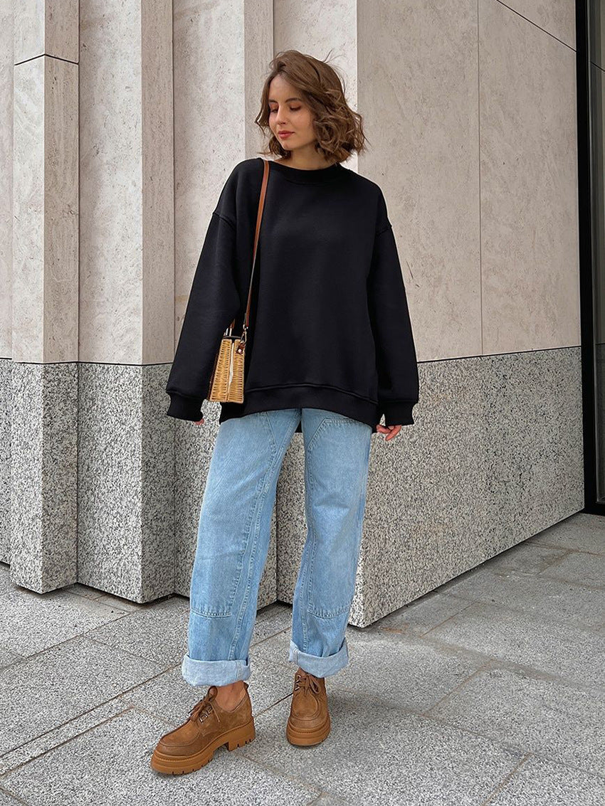 Round neck loose sweatshirt women's autumn winter Street solid color Oversize polar fleece pullover top