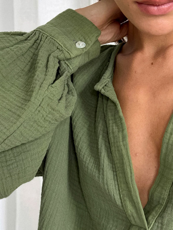 Loose Puff Sleeves Pleated Solid Color Split-Joint V-Neck Blouses&Shirts Tops