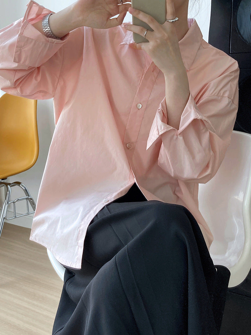 Simple Loose Solid Color Long Sleeve Shirt
