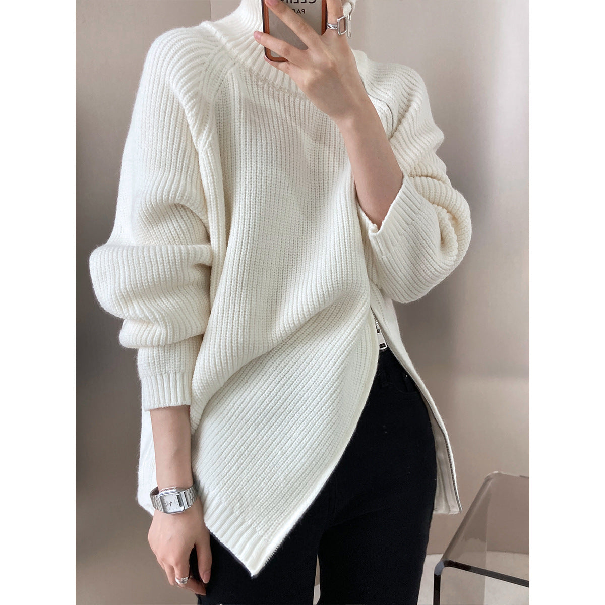 Casual Solid Color Zipper Turtleneck Knit Sweater