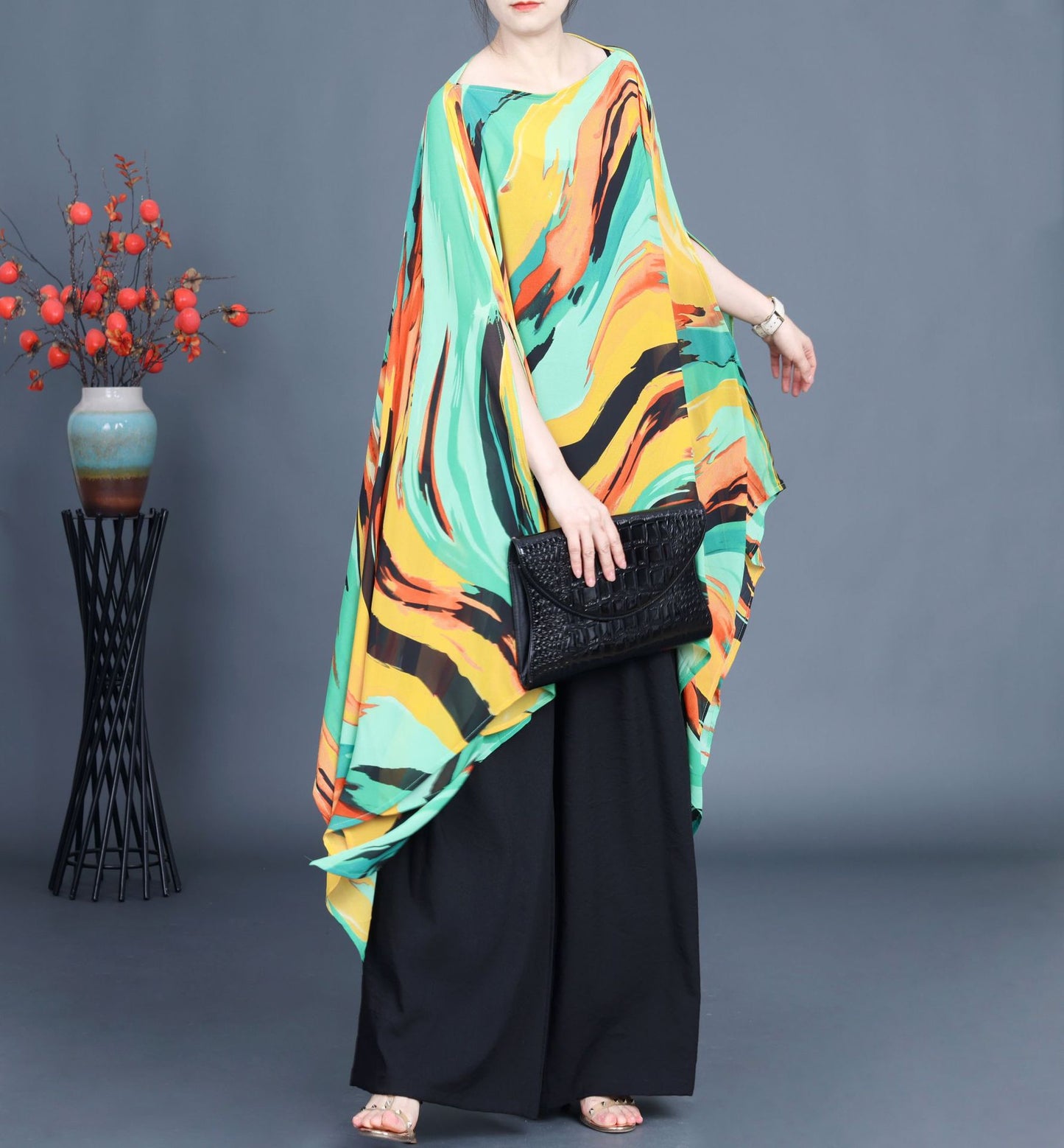 Loose Irregular Flowy Colorful Bat Sleeve Shawl Top