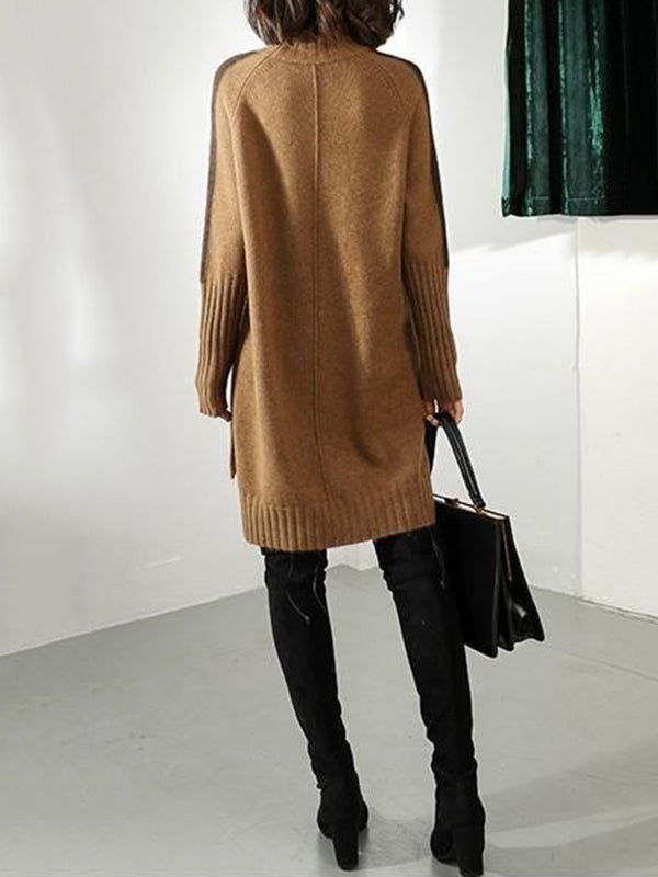 Loose Long Sleeves Contrast Color Half Turtleneck Sweater Dresses