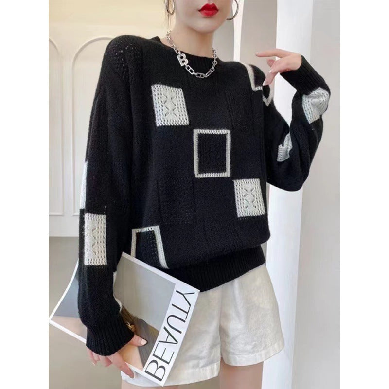 Spring and Autumn New Color Block Plaid Retro Round Neck Pullover Long Sleeve Sweater