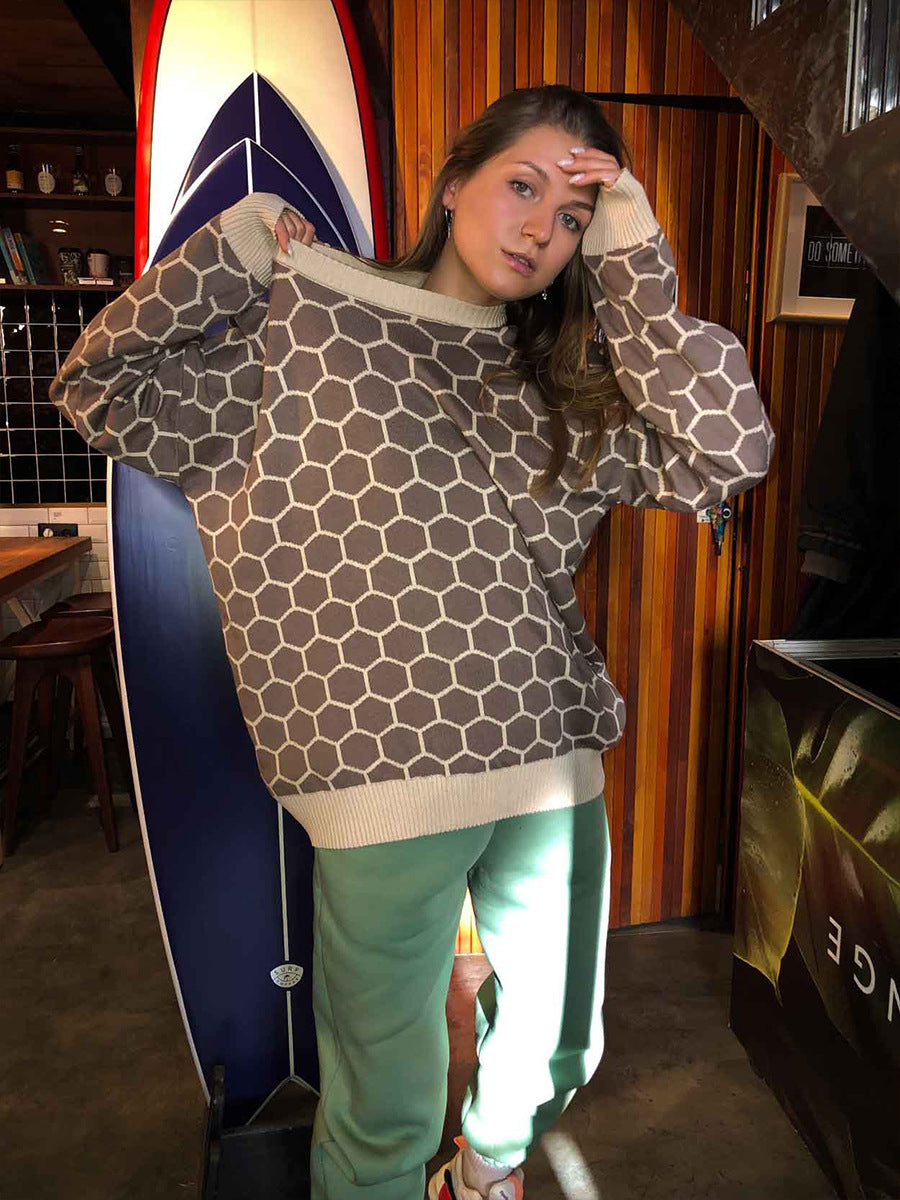 Round neck honey sweater autumn and winter loose plaid pullover round neck knitted women's top