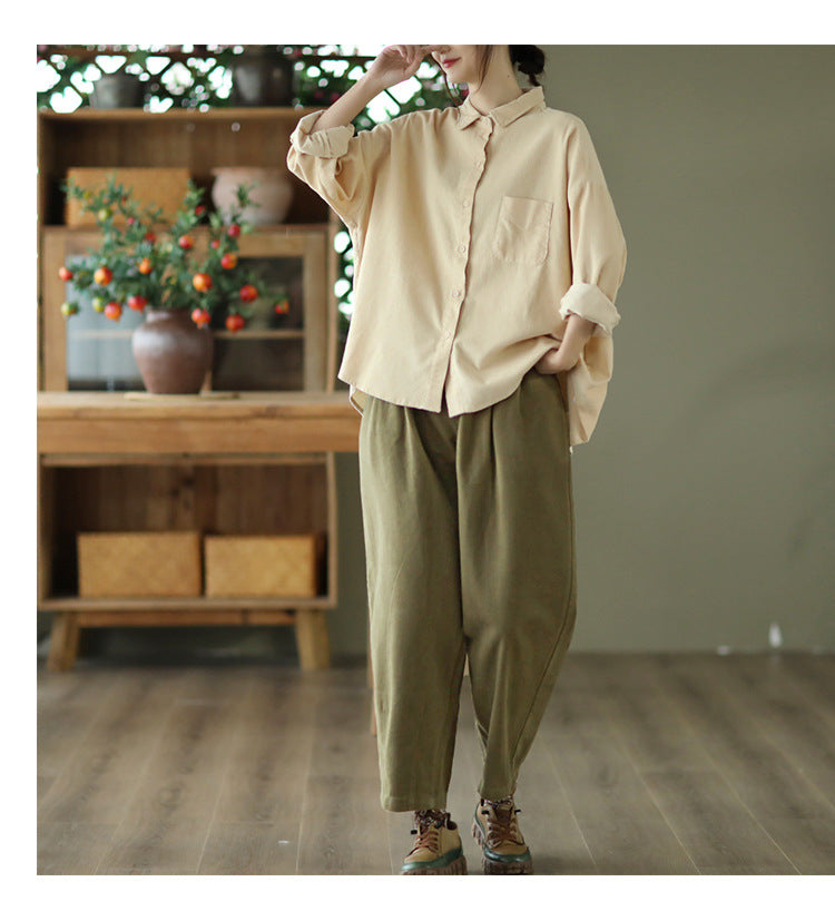 Simple Solid Color Long Sleeve Corduroy Shirt